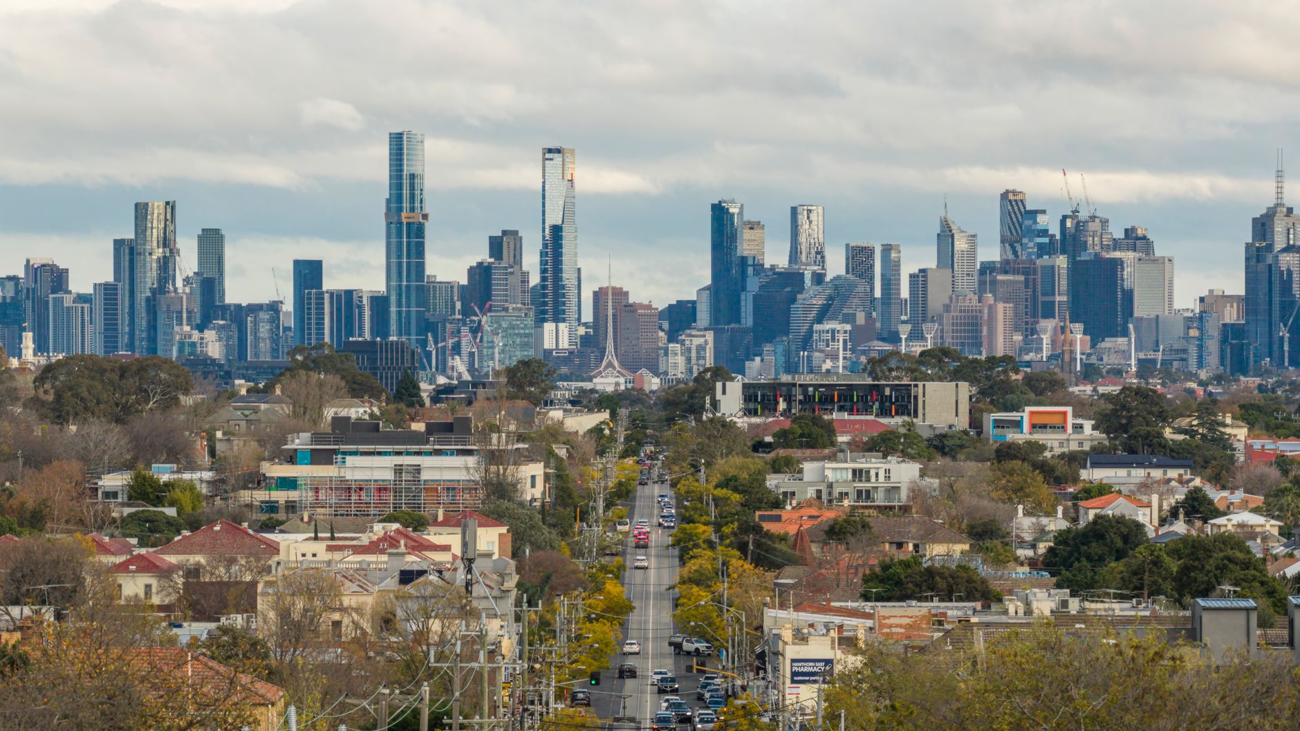Melbourne skyline with digital elements overlay representing web design.