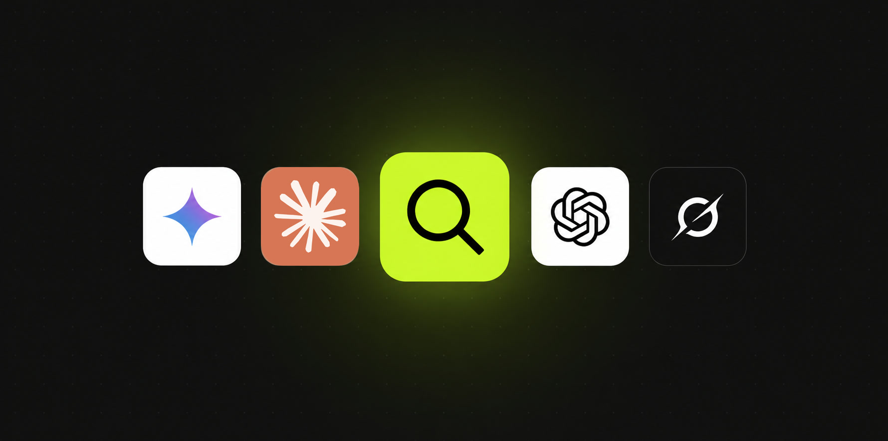 App tiles for Gemini, Claude, ChatGPT and Grok around a search icon